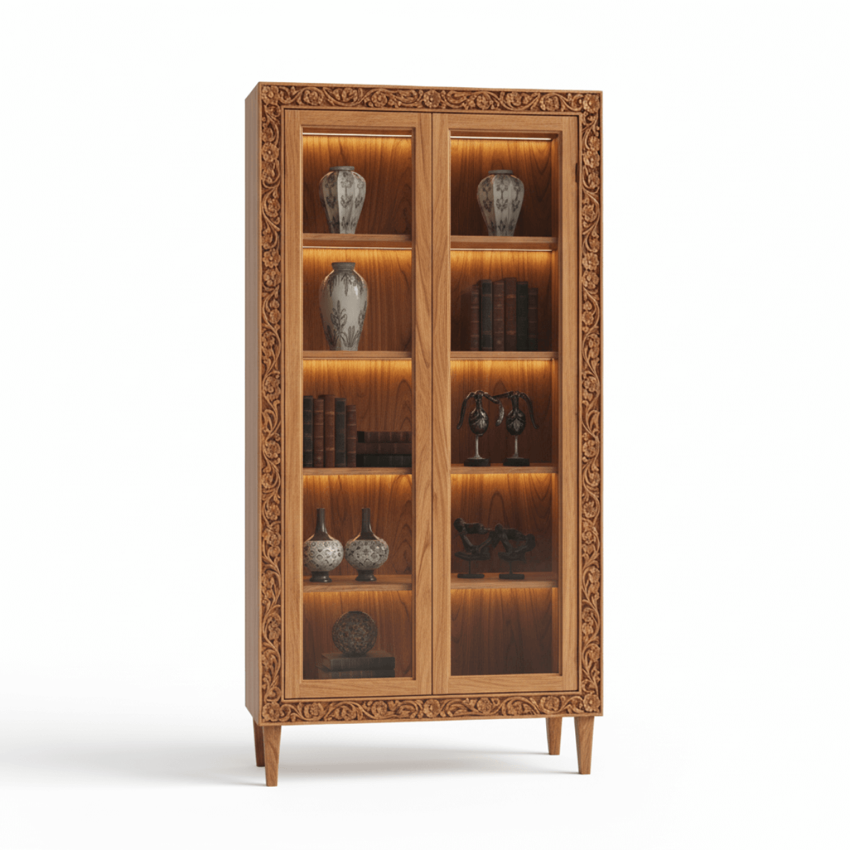 Trivex Hand-Carved Floral Patterns Glass Door Display Cabinet